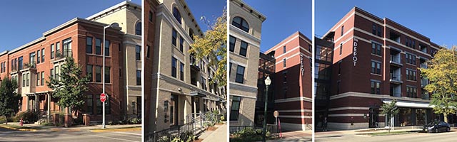 Four views of well designed new construction in a historic commercial district
